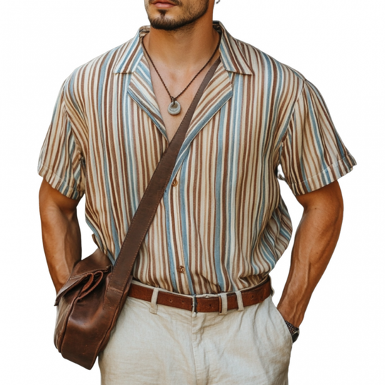 Men's Casual Colorful Striped Digital Print Cuban Collar Loose Short Sleeve Shirt DTT25060302