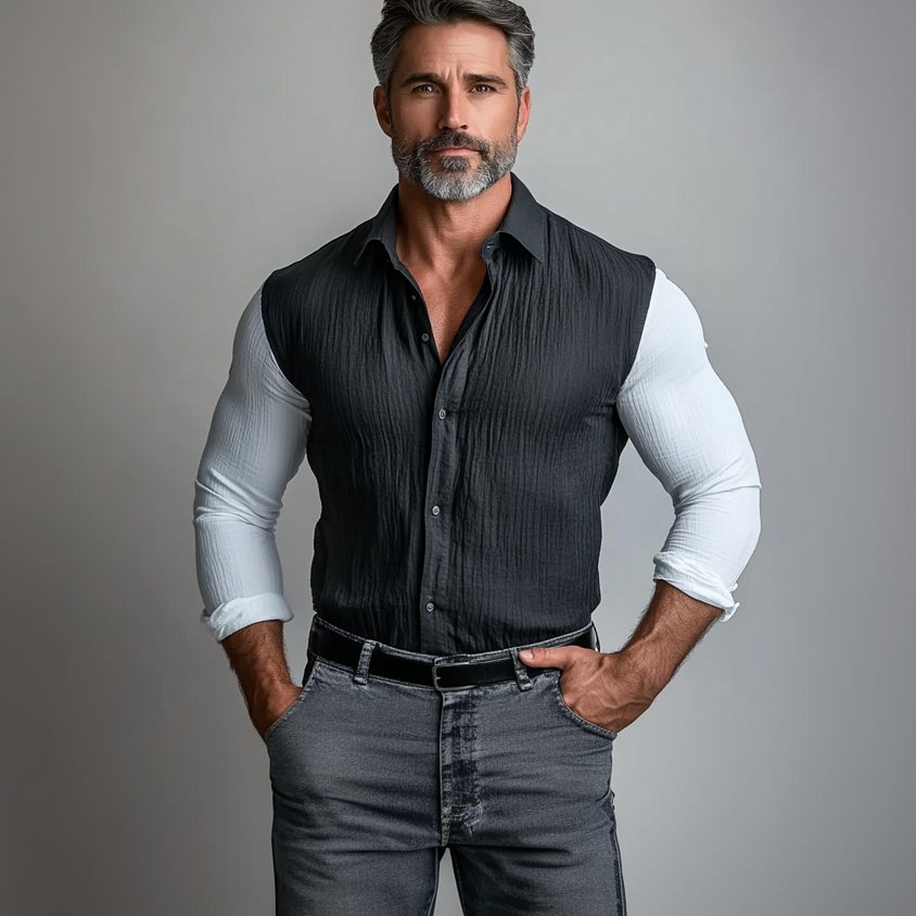 Men's Turndown Collar Contrast Color Fold Long Sleeve Shirt 9899608670392