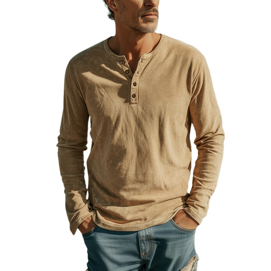 Men's Casual Western Style Henley Neck Thin Suede Long Sleeve T-Shirt DTT25080114