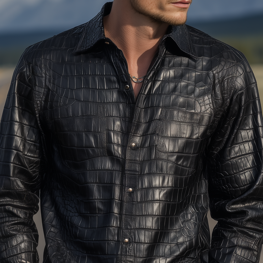Men's Retro Fashion Textured Leather Long Sleeve Shirt DTT25081317