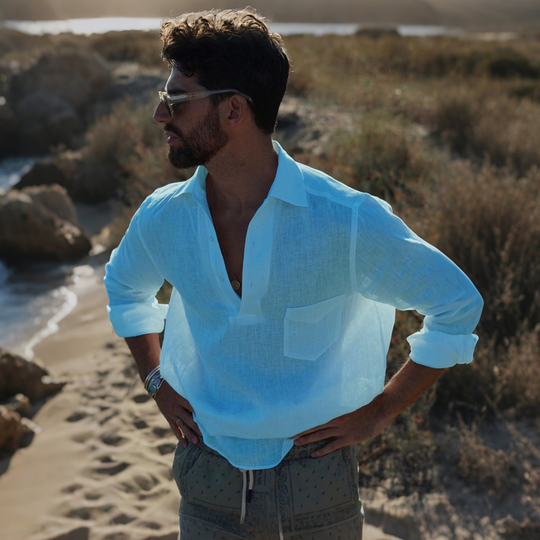 Men's Casual Solid Color Breathable Linen Button-up Lapel Patch Pocket Loose Long Sleeve Shirt DTT25070914
