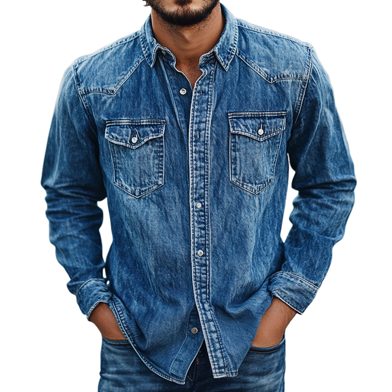 Men's Retro Casual Denim Washed Printed Lapel Long Sleeve Shirt 9904629448888