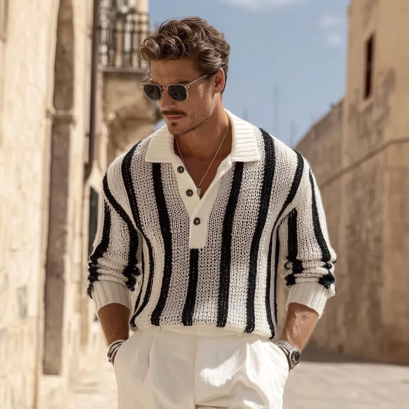 Men's Vintage Contrast Striped Breathable Knit Polo Neck Loose Pullover Sweater DTT25082906