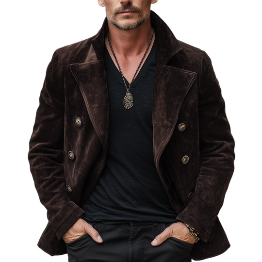 Men's Classic Double Breasted Notched Lapel Suede Jacket DTT25090404