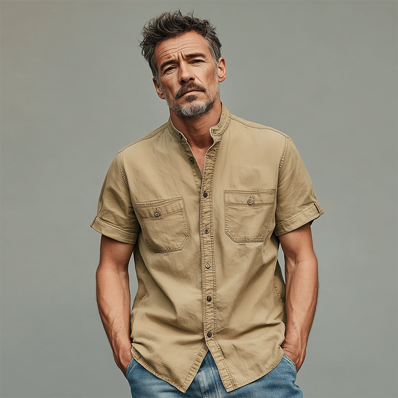 Men's Summer Casual Cotton Blended Washed Stand Collar Short Sleeve Shirt DTT25070311