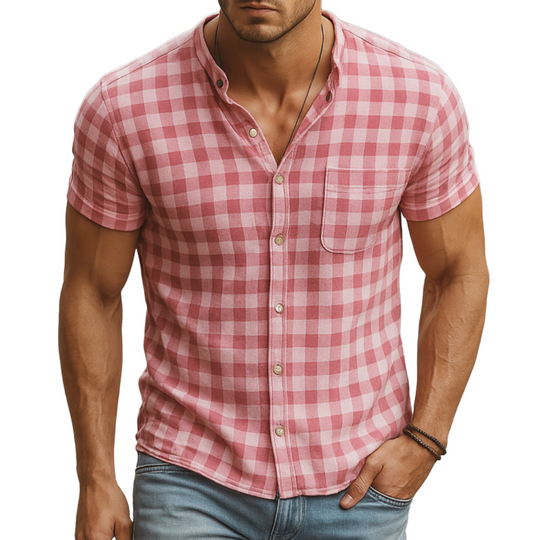 Men's Fashion Breathable Cotton Plaid Stand Collar Patch Pocket Slim Fit Short Sleeve Shirt DTT25070219