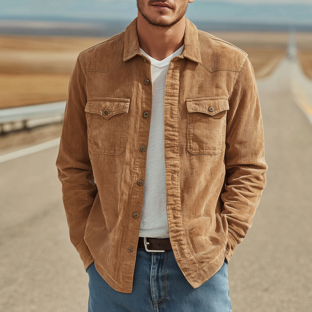 Men's Classic Casual Thin Corduroy Solid Color Multi-Pocket Long Sleeve Shirt DTT25072109
