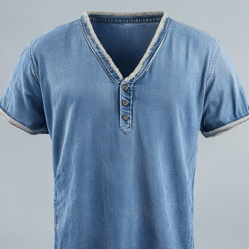 Men's V Neck Half Button Raw Edge Short Sleeve Denim T-Shirt 9953098891448