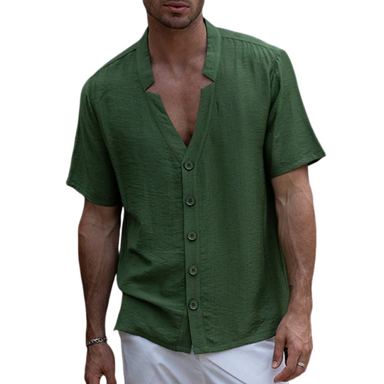Men's Spring And Summer Fashion Casual Tencel Cotton V-neck Short Sleeve Shirt DTT25070907
