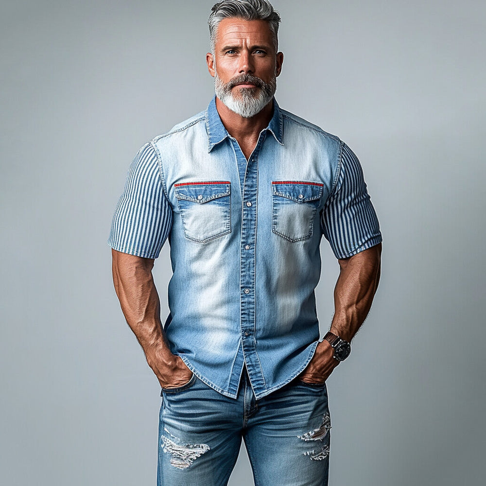 Men's Denim Chest Pocket Button Striped Short Sleeve Shirt 9903586771128