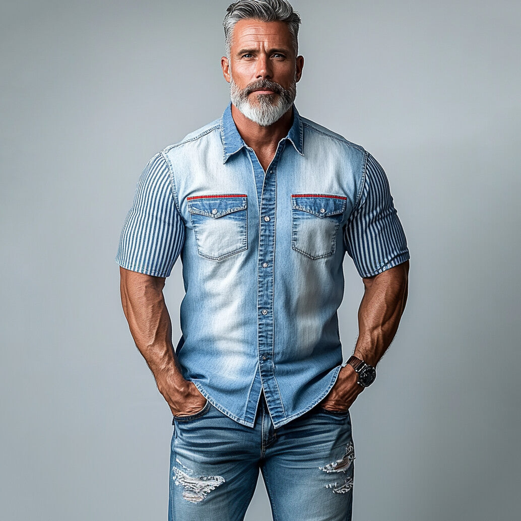 Men's Denim Chest Pocket Button Striped Short Sleeve Shirt 9903586771128
