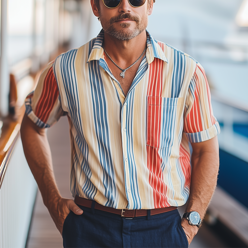 Men's Summer Classic Colorblock Striped Short Sleeve Shirt DTT25062302