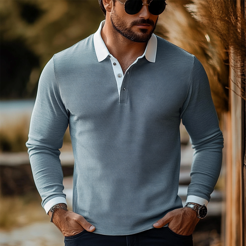 Men's Contrast Color Long Sleeve Cotton Blend POLO Shirt DTT25072904