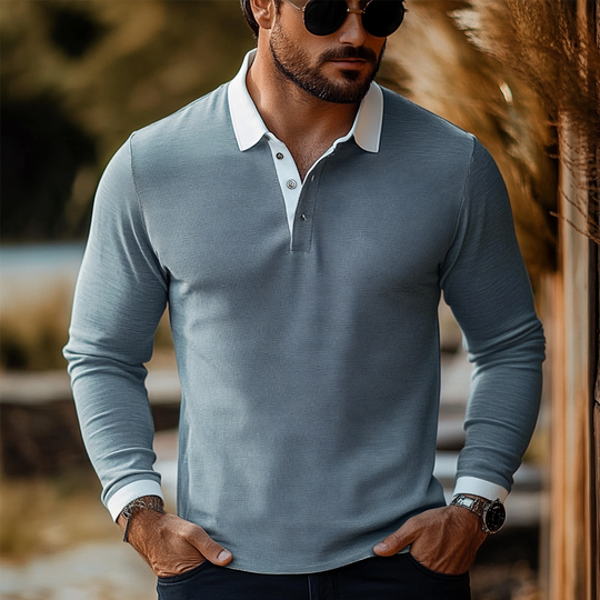 Men's Contrast Color Long Sleeve Cotton Blend POLO Shirt DTT25072904