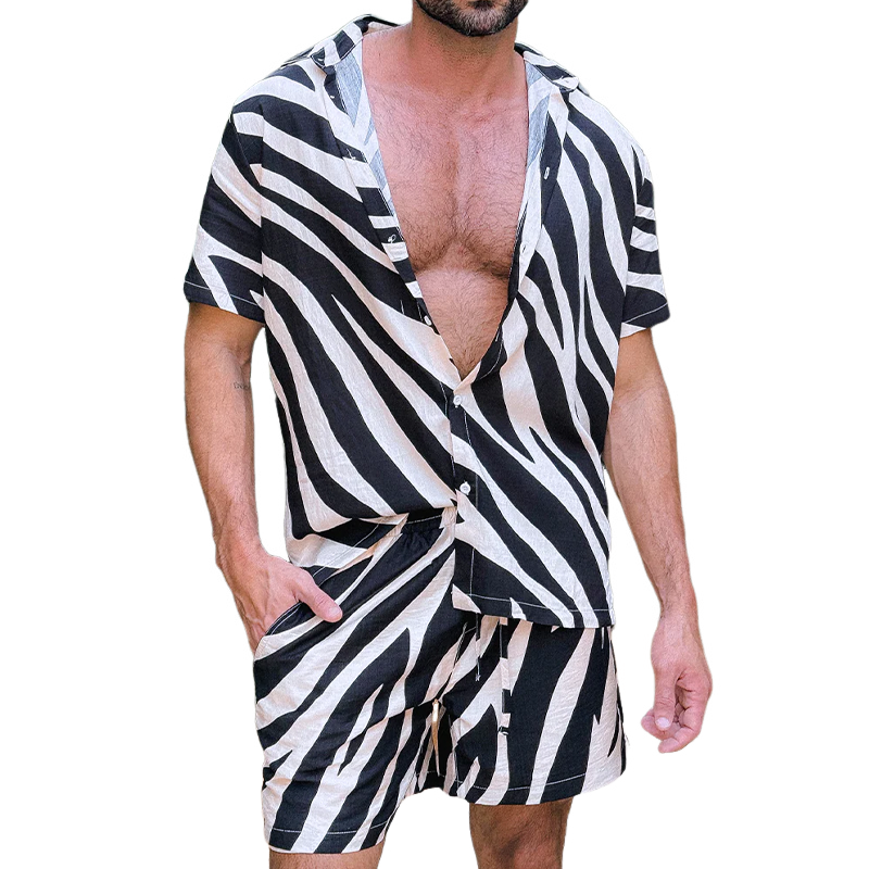 Men's Spring And Summer Fashion Casual Zebra Stripe Printed Silk Cotton Short Sleeve Shirt Elastic Waist Shorts Set DTT25070905