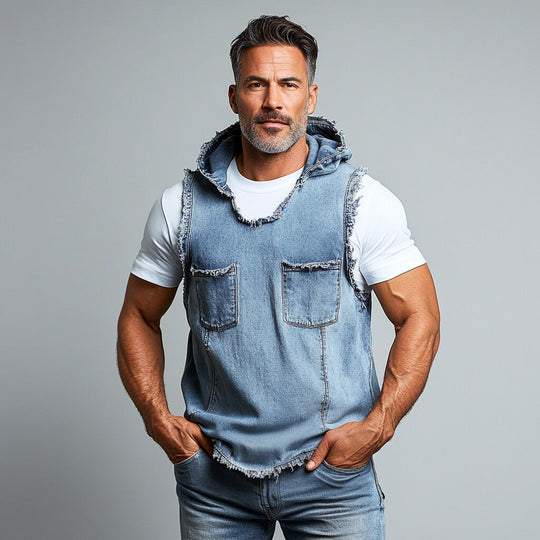 Men's Denim Raw Edge Chest Pocket Sleeveless Hooded Vest 9903588180152