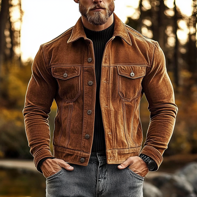 Men's Vintage Solid Color Faux Suede Lapel Single Breasted Jacket DTT25082220