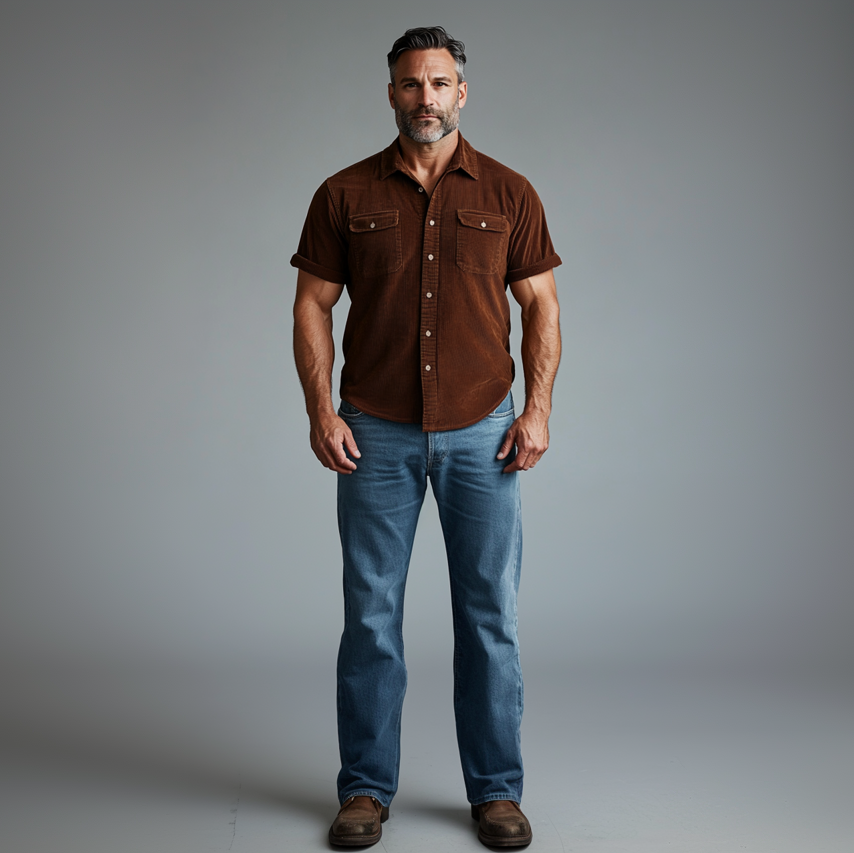 Men's Turndown Collar Button Corduroy Short Sleeve Shirt 9903588049080