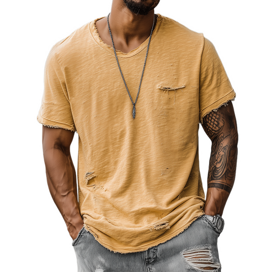 Men's Fashion Casual Bamboo Cotton Ripped Raw Edge Round Neck Short Sleeve T-shirt DTT25071819