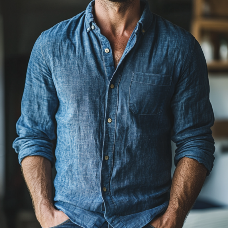 Men's Casual Breathable Linen Lapel Patch Pocket Slim Fit Long Sleeve Shirt DTT25061617