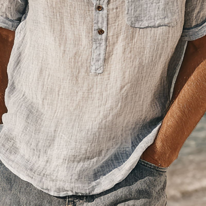 Men's Cotton And Linen Stand Collar Short-Sleeved Shirt DTT25071502