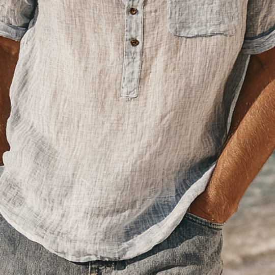 Men's Cotton And Linen Stand Collar Short-Sleeved Shirt DTT25071502