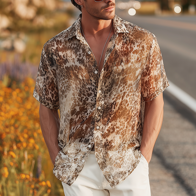 Men's Summer Fashion Casual Chiffon Slightly Transparent Sexy Leopard Print Short-sleeved Shirt DTT25070904