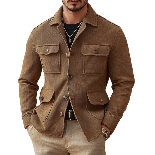 Men's Blended Multi-pocket Solid Color Lapel Jacket DTT25082516