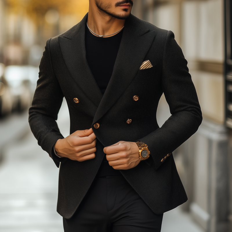 Men's Vintage Solid Color Cotton Blend Peaked Lapel Double Breasted Slim Fit Blazer DTT25080407