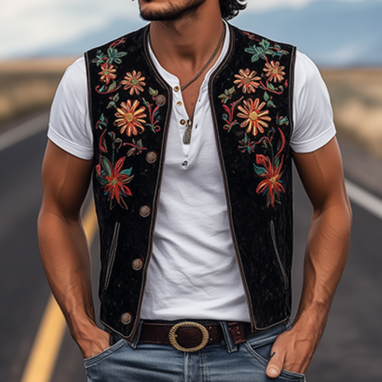 Men's Classic Retro Western Cowboy Style Embroidered Suede Vest 9909010432184