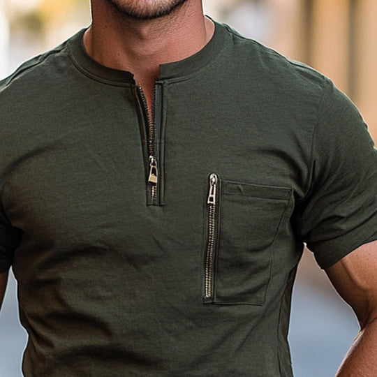 Men's Solid Color Pocket Zipper Round Neck Short Sleeve T-Shirt DDT25052814