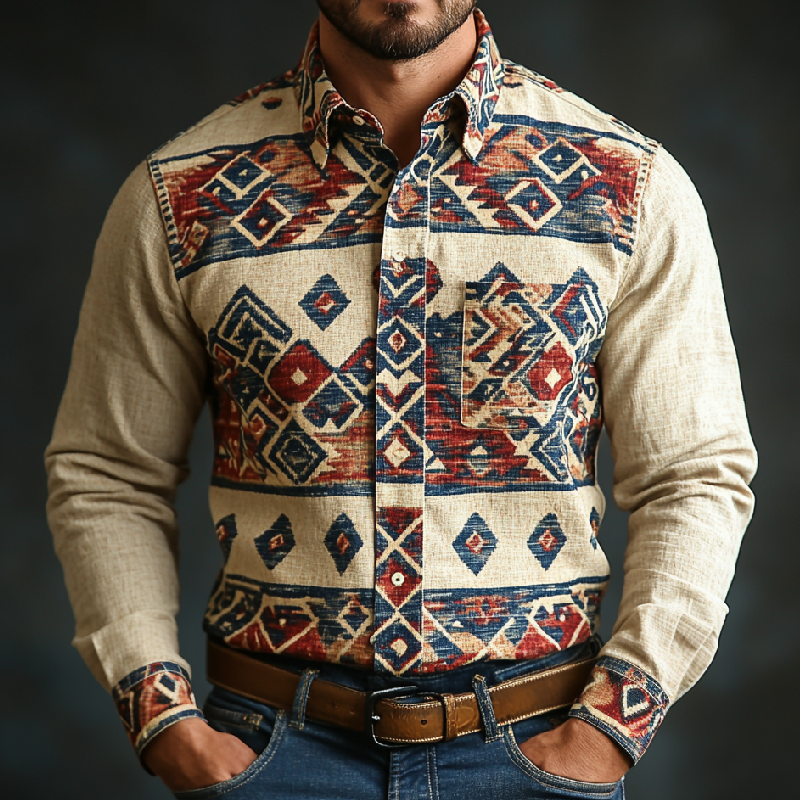 Men's Retro Lapel Printed Cotton and Linen Long Sleeve Shirt 9904629973176