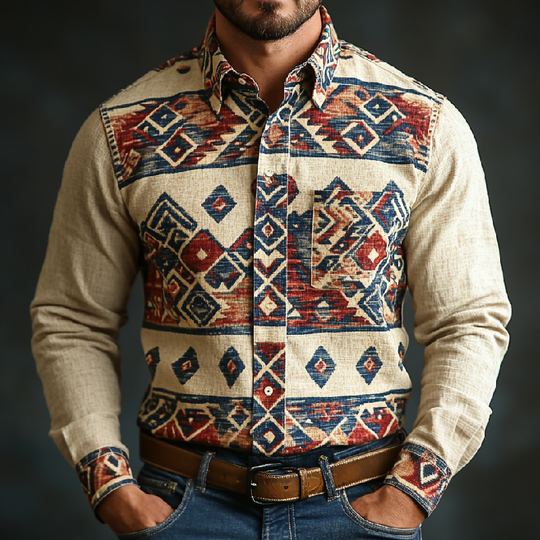 Men's Retro Lapel Printed Cotton and Linen Long Sleeve Shirt 9904629973176