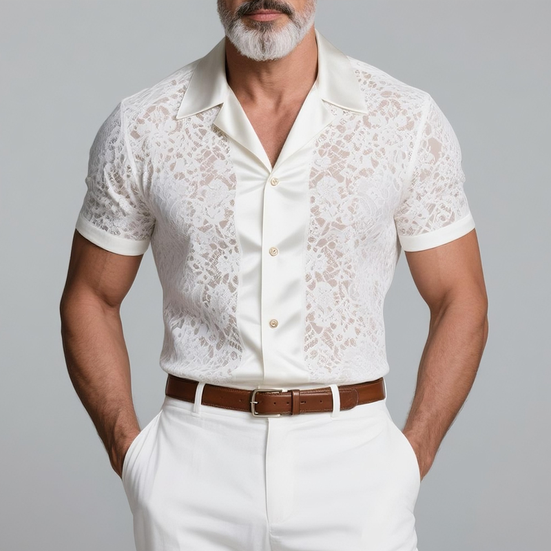 Men's Lace Stitching Satin Lapel Short Sleeve Shirt DTT25073105