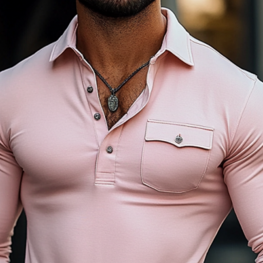 Men's Fashion Slim Fit Chest Pocket Long Sleeve Polo Shirt 9894195593400
