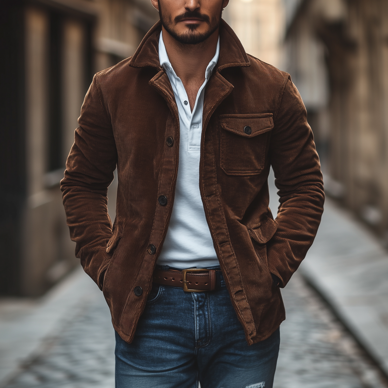Men's Vintage Solid Color Corduroy Lapel Single-breasted Loose Cargo Jacket DTT25082809