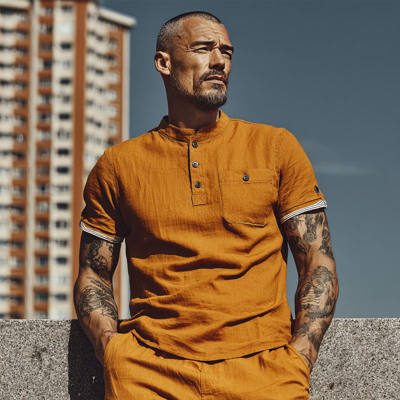 Men's Cotton And Linen Stand Collar Contrast Color Short Sleeve Shirt DTT25063014