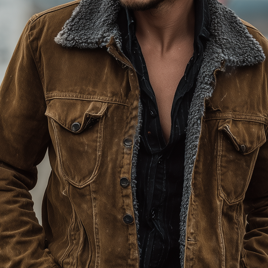 Men's Vintage Solid Fabric Splicing Polar Fleece Lapel Jacket DTT25080715
