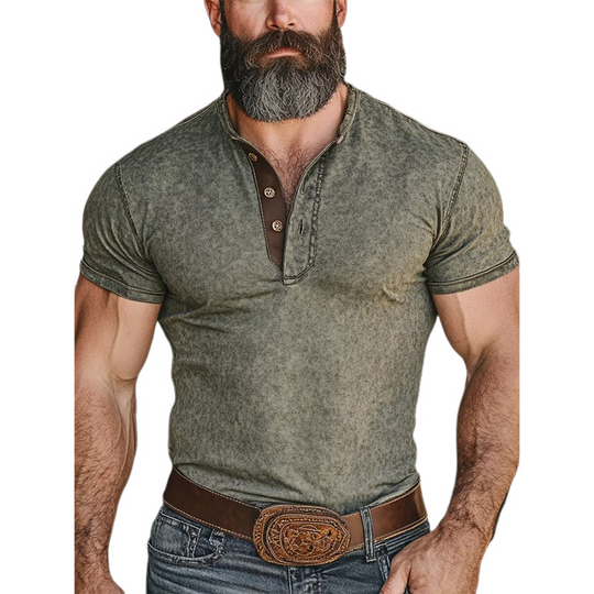 Men's Colorblock Printed Short Sleeve Henley Neck T-Shirt DTT25062602