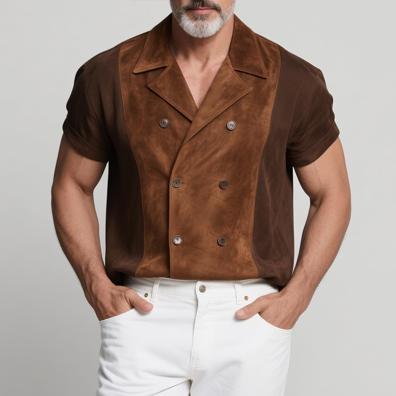Men's Colorblock Faux Suede Lapel Short Sleeve Jacket DTT25073106