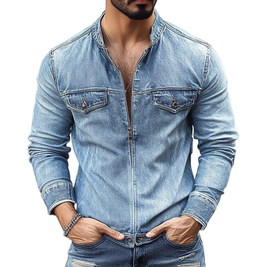 Men's Vintage Washed Distressed Stand Collar Zipper Denim Jacket DTT25072915