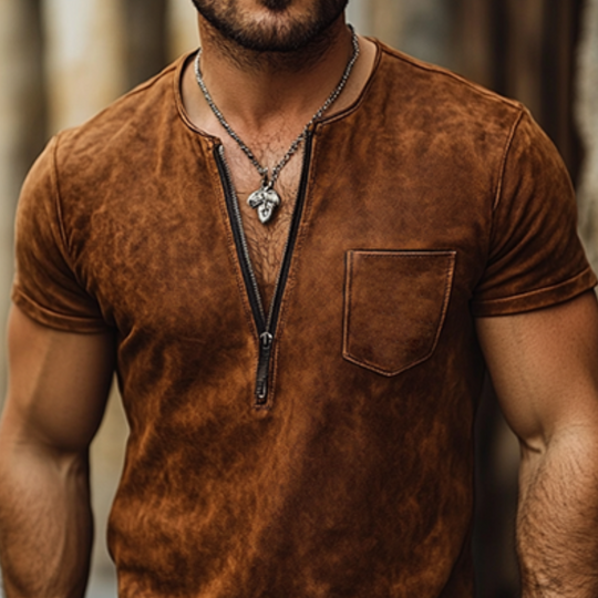 Men's Classic Casual Western Style V-Neck Slim Suede T-Shirt 9903258632376
