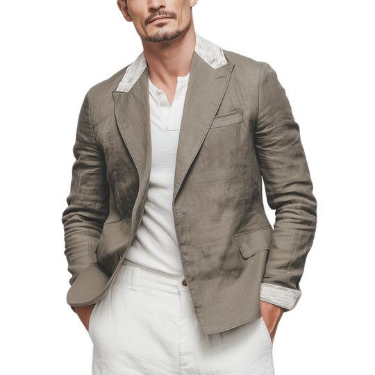 Men's Stylish Casual Cotton And Linen Blend Collar And Cuffs Lace Single-breasted Blazer DTT25073014