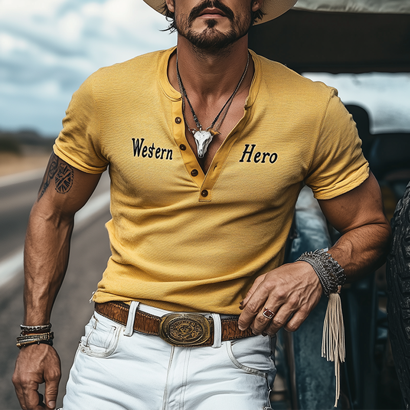 Men's Spring And Summer Fashion Casual Western Cowboy Style Slim Stretch Knitted Henley Collar Flocking Letter Print Short-sleeved T-shirt DTT25060605