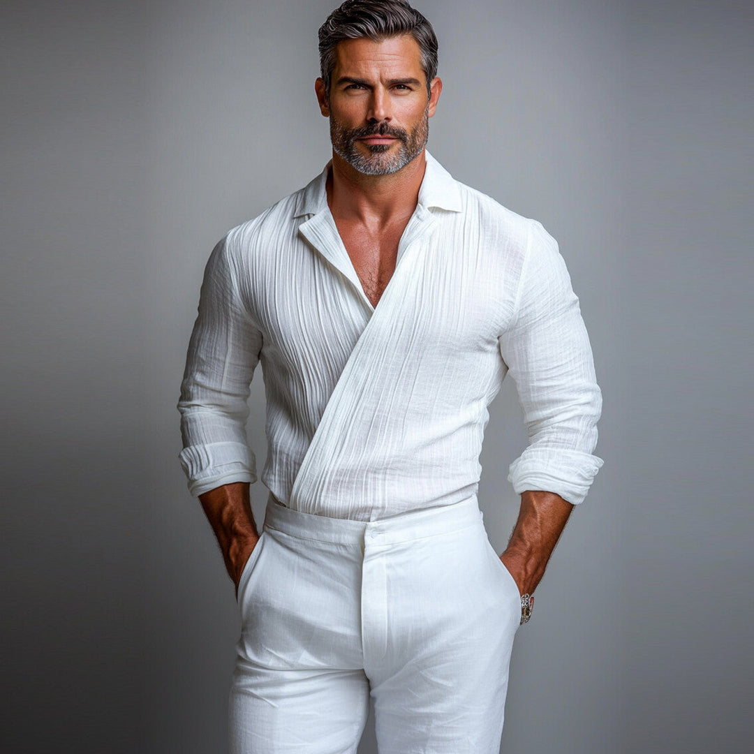 Men's Camp Collar Wrap Fold Long Sleeve Shirt 9903587229880