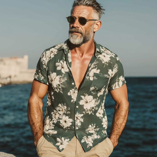 Men's Summer Light Chiffon Floral Print Short Sleeve Shirt DTT25071006