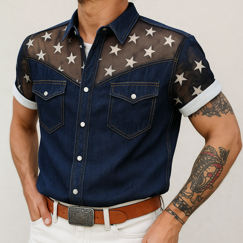 Men's Star Mesh Stitching Short Sleeve Chest Pocket Denim Jacket DTT25071610