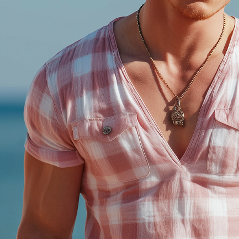 Men's Classic Plaid Deep V Neck Short Sleeve T-Shirt DTT25072114