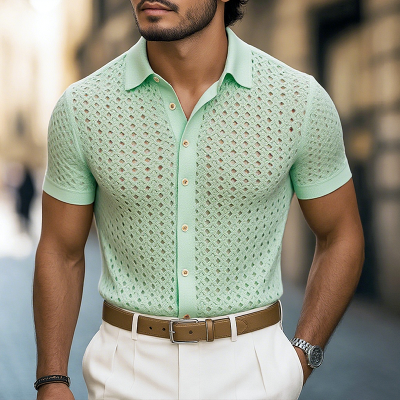 Men's Solid Hollow Knit Lapel Short Sleeve Shirt DTT25062315