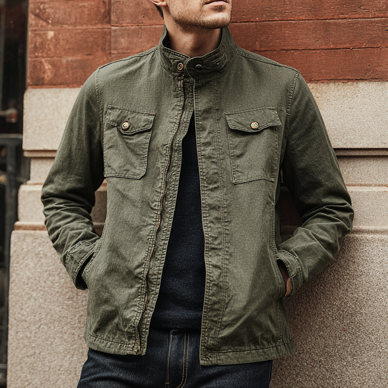 Men's Vintage Washed Stand Collar Zipper Denim Jacket DTT25081510